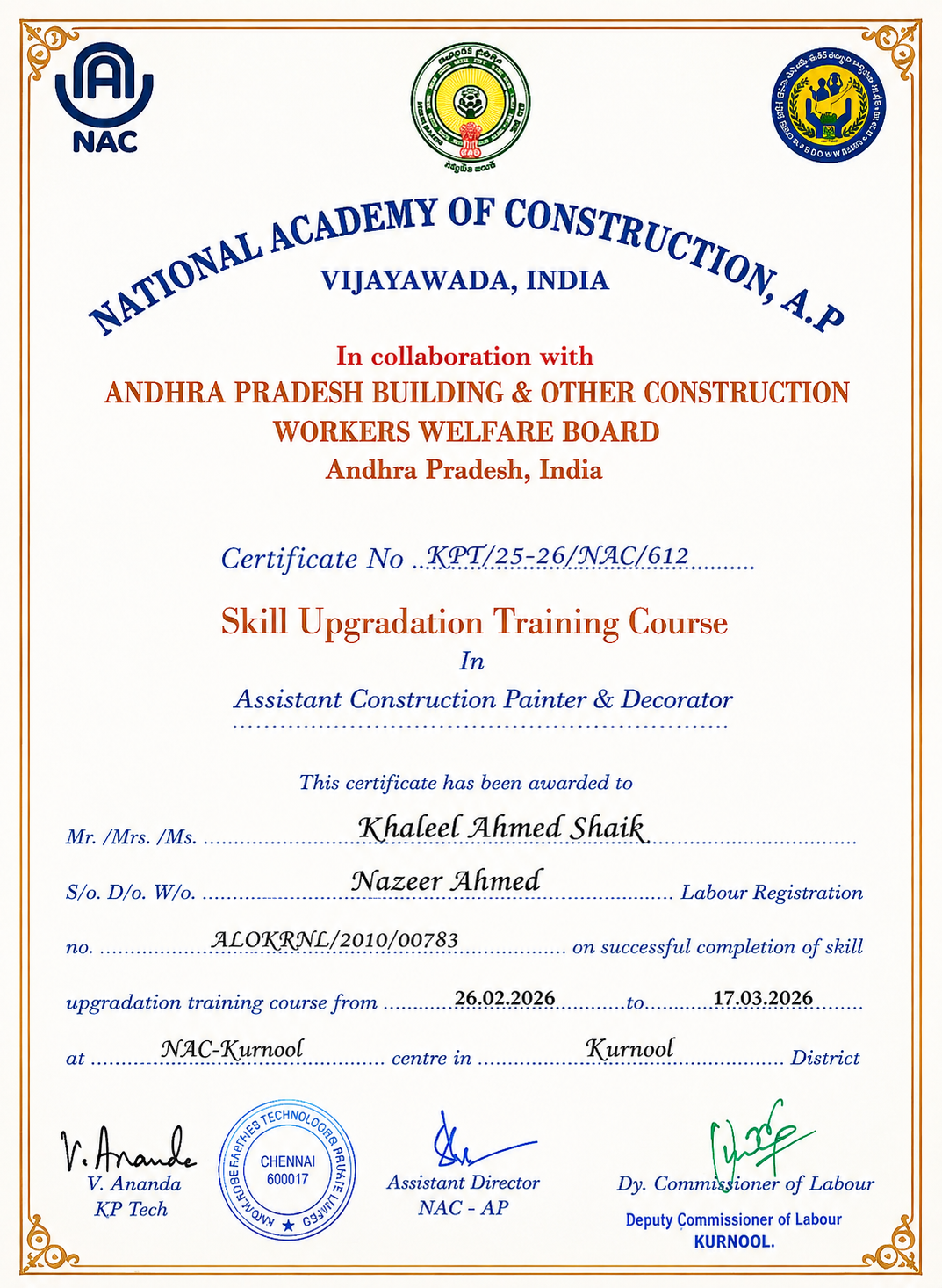 National Academy of Construction Skill Upgradation Training Course certificate for Khaleel Ahmed Shaik